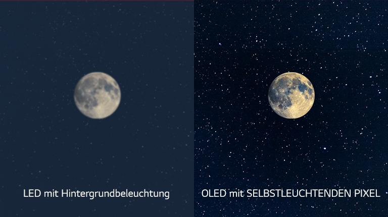 Eine Darstellung des Mondes, ein LED befindet sich auf der linken Seite und zeigt unzureichendes Schwarz an, während auf dem OLED auf der rechten Seite tiefstes Schwarz zu sehen ist (Video abspielen)