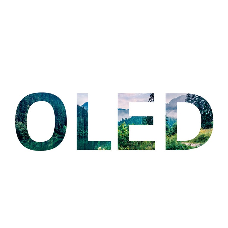 Das Wort OLED füllt sich mit einem von rechts eingeblendeten Naturfoto (Video abspielen)