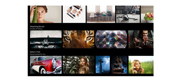 Ein TV-Bildschirm mit verschiedenen Inhalten, die von LG ThinQ AI aufgelistet und empfohlen werden