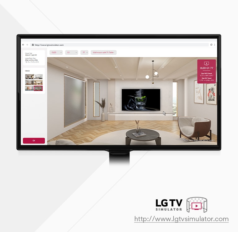 Dies ist ein erklärendes Bild eines Simulators, mit dem Sie alle LG-TV-Modelle in einem virtuellen Raum positionieren können.