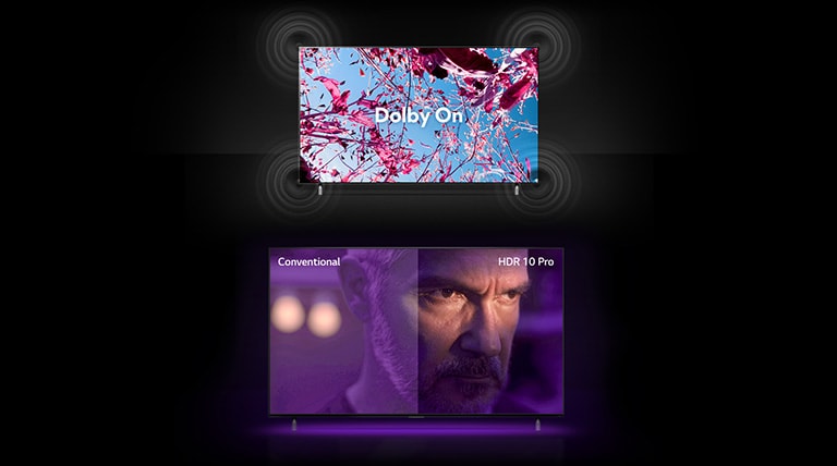 Der QNED-Fernsehbildschirm zeigt eine rosa Rapsblüte auf einem Sommerfeld und in der Mitte steht Dolby OFF. Das Bild auf dem Bildschirm wird heller und der Text ändert sich zu "Dolby ein". Darunter befindet sich ein weiterer QNED-Fernseher und ein alter Mann, der auf dem Bildschirm verrückt aussieht. Ein Bild auf dem TV-Bildschirm ist in zwei Teile geteilt. Die linke Hälfte des Bildes erscheint flau und mit weniger lebendigen Farben, während die rechte Hälfte des Bildes lebendiger und mit mehr Farben aussieht. In der linken oberen Ecke steht "konventionell", in der rechten oberen Ecke steht "HDR 10 PRO".