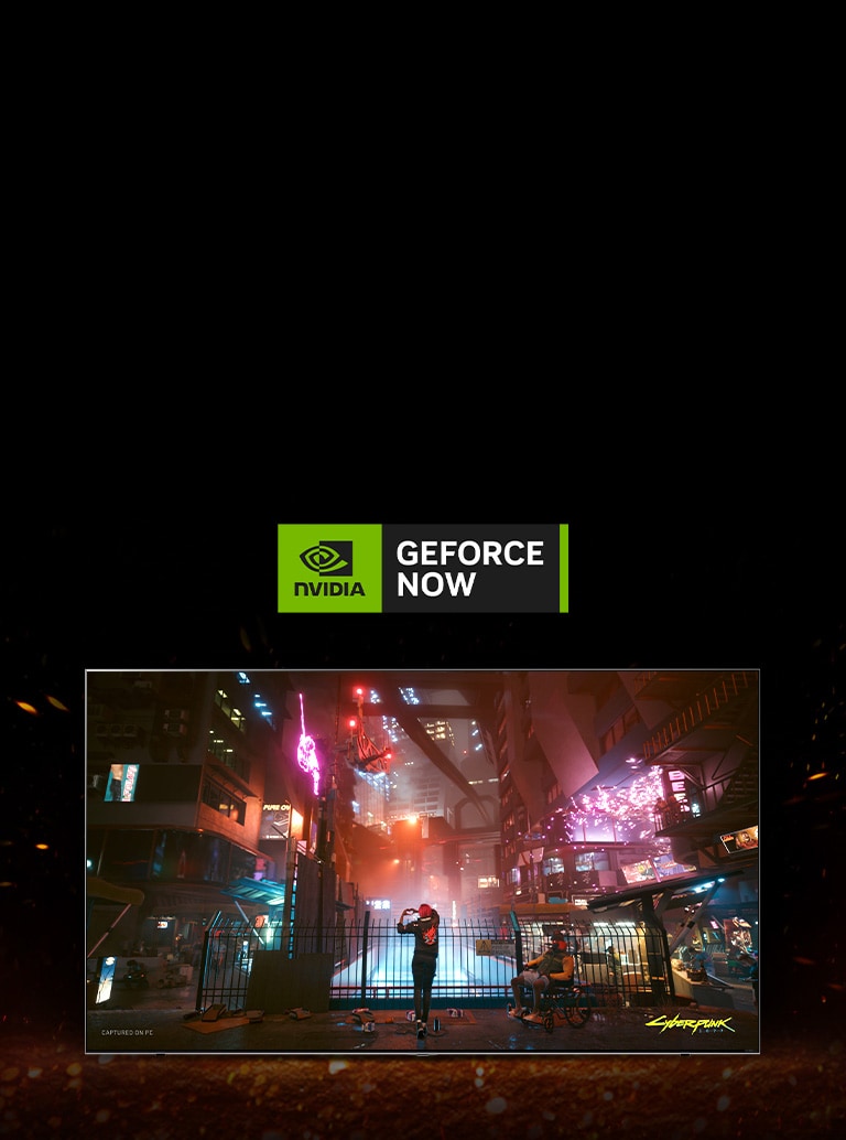 Flammen entfachen um den Fernseher herum und man kann den Game-Bildschirm Cyberpunk innen sehen. Man sieht ein „Geforce now“-Logo oben am Fernseher.