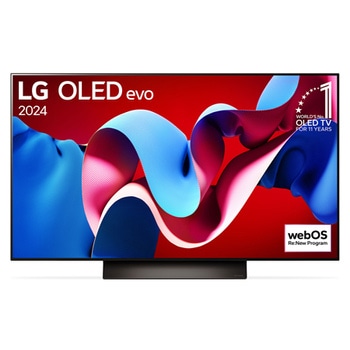 Vorderansicht mit LG OLED evo TV C4, Emblem „Bester OLED seit 11 Jahren“ und Logo „webOS Re:New-Programm“ auf dem Bildschirm
