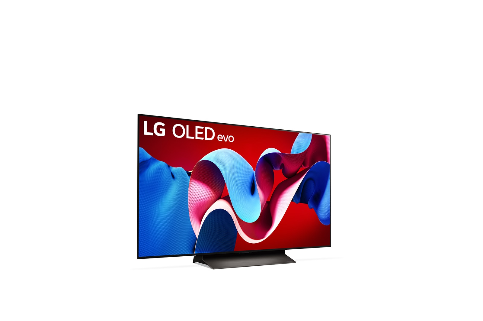 Leicht geneigte, nach rechts gerichtete Seitenansicht des LG OLED evo TV C4