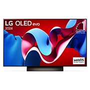 Vorderansicht mit LG OLED evo TV C4, Emblem „Bester OLED seit 11 Jahren“ und Logo „webOS Re:New-Programm“ auf dem Bildschirm