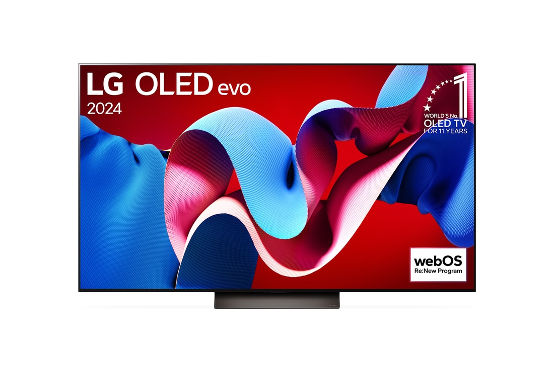 Vorderansicht mit LG OLED evo TV C4, Emblem „Bester OLED seit 11 Jahren“ und Logo „webOS Re:New-Programm“ auf dem Bildschirm