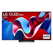 Vorderansicht mit LG OLED evo TV C4, Emblem „Bester OLED seit 11 Jahren“ und Logo „webOS Re:New-Programm“ auf dem Bildschirm