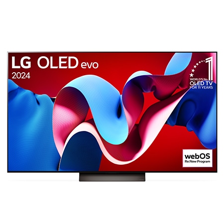 Vorderansicht mit LG OLED evo TV C4, Emblem „Bester OLED seit 11 Jahren“ und Logo „webOS Re:New-Programm“ auf dem Bildschirm