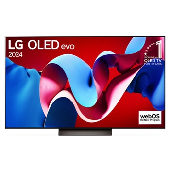 Vorderansicht mit LG OLED evo TV C4, Emblem „Bester OLED seit 11 Jahren“ und Logo „webOS Re:New-Programm“ auf dem Bildschirm