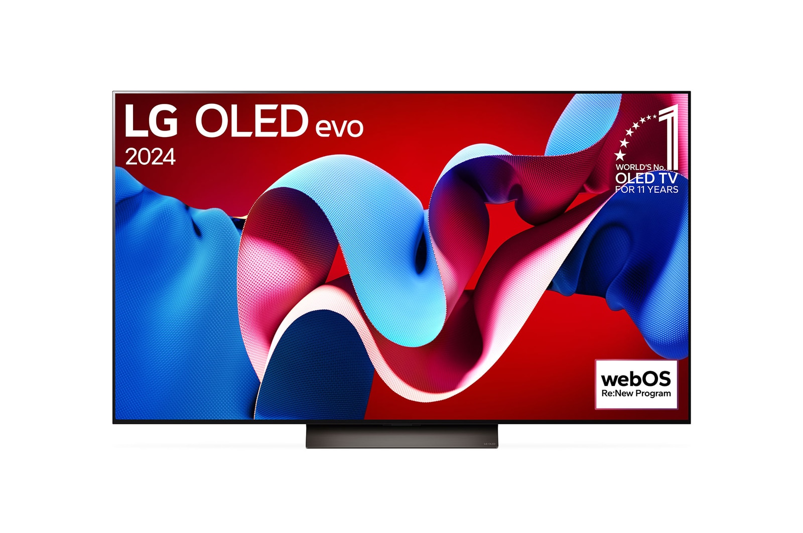 Vorderansicht mit LG OLED evo TV C4, Emblem „Bester OLED seit 11 Jahren“ und Logo „webOS Re:New-Programm“ auf dem Bildschirm