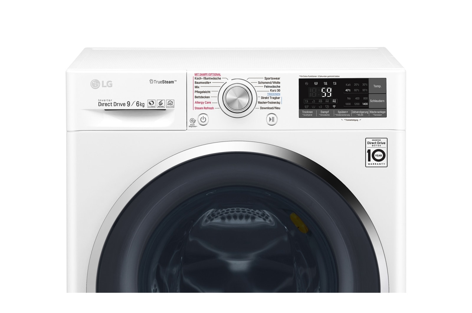 LG Waschtrockner | Serie 9 | 9 kg Waschen | 6 kg Trocknen | TrueSteam™ | Inverter DirectDrive™ | SmartThinQ™ | Chrom-Rahmen, F14WD96TH2