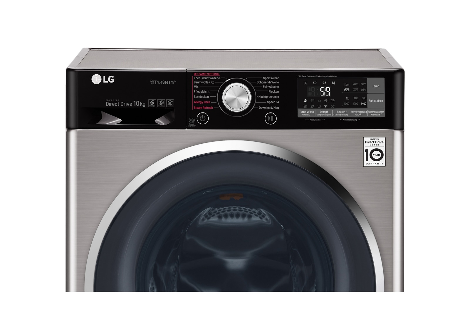 LG Waschmaschine | Serie 9 | 10 kg | TrueSteam™ | TurboWash™ | SmartThinQ™ | Edelstahl-Optik, F14WM10TT6
