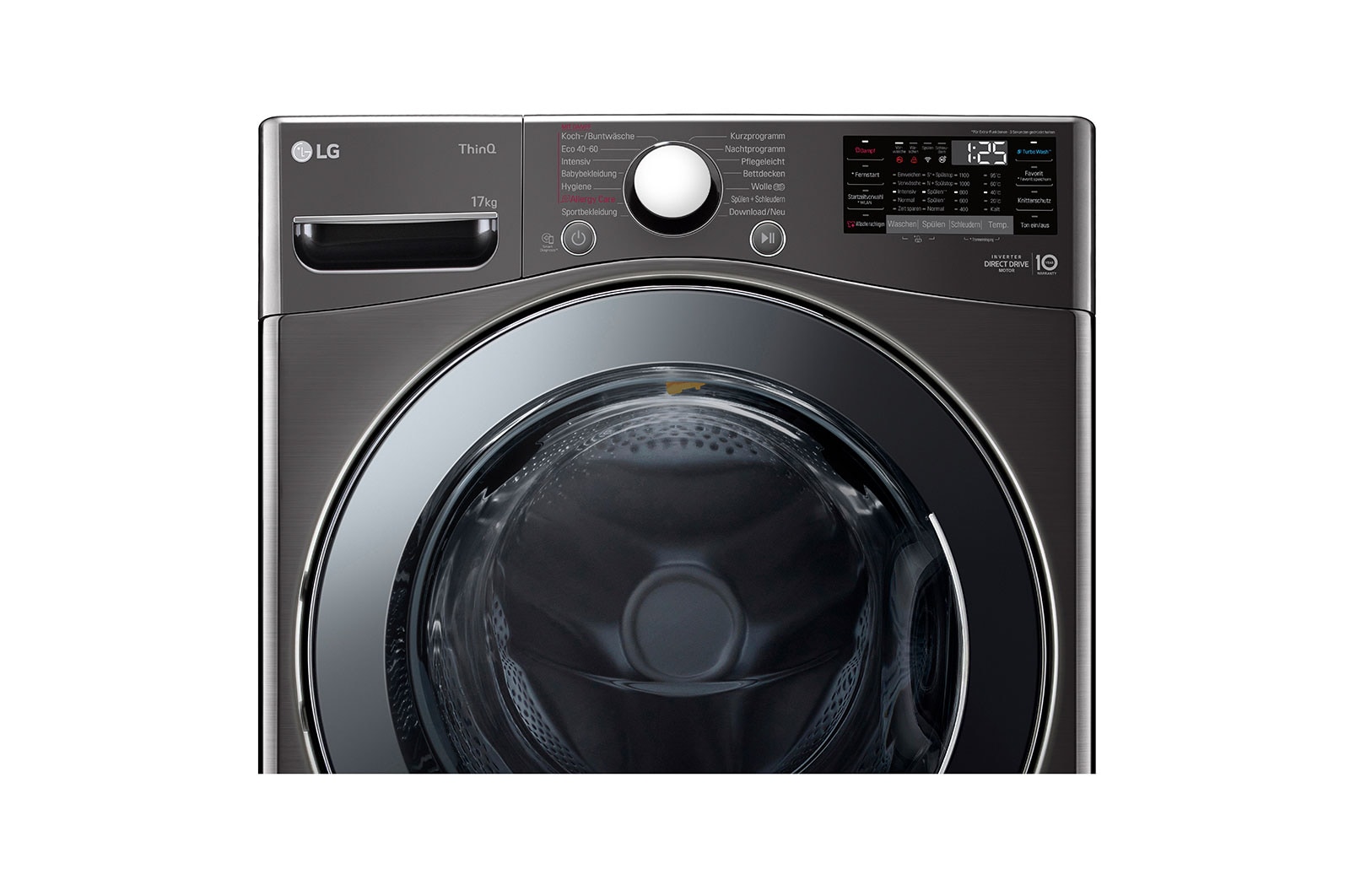 LG Waschmaschine Black Steel (17 kg, 1.100 U./Min., EEK E) mit Chrom-Bullaugenring | F11WM17TS2B, F11WM17TS2B