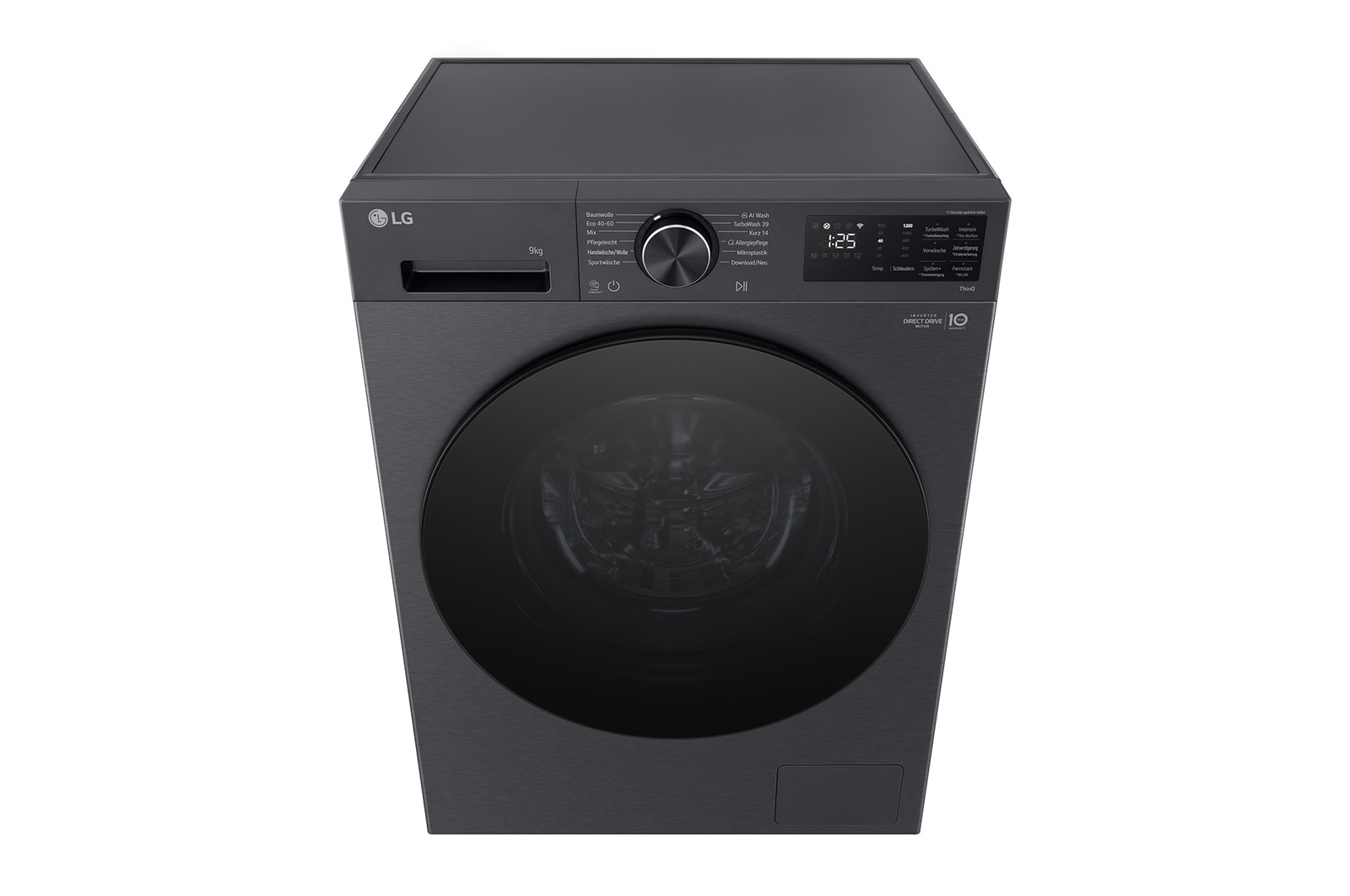 Ein Bild, das eine Waschmaschine im Wohnzimmer mit einer A-Bewertung für Energieeffizienz daneben zeigt und 30 % weniger Strom verbraucht