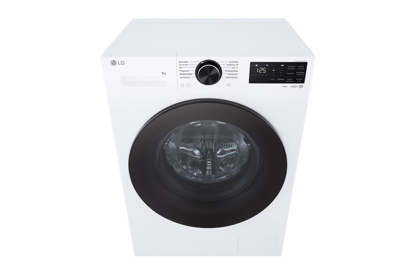 Ein Bild, das eine Waschmaschine im Wohnzimmer mit einer A-Bewertung für Energieeffizienz daneben zeigt und 30 % weniger Strom verbraucht