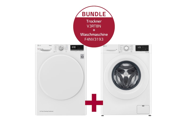 Vorderseite von Waschmaschine mit 9 kg Kapazität | Energieeffizienzklasse A | 1.400 U./Min. | Weiß mit silbernem Bullaugenring | F4NV3193 & Trockner mit Dual Inverter Wärmepumpentechnologie | Automatisch selbstreinigender Kondensator | 8 kg Fassungsvermögen | Wi-Fi-Funktion | Energieeffizienzklasse A++ V3RT8N F4NV3193.V3RT8N