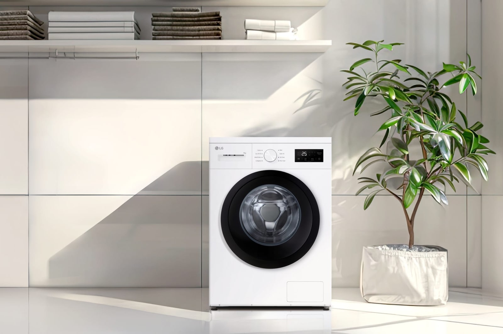 Lifestyle-Bildausschnitt der Frontlader-Waschmaschine in einem Wäscheraum