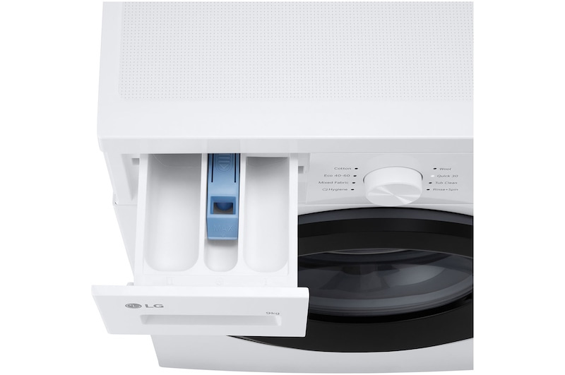 Bild von oben Frontlader-Waschmaschine Waschmittel offenen Tür