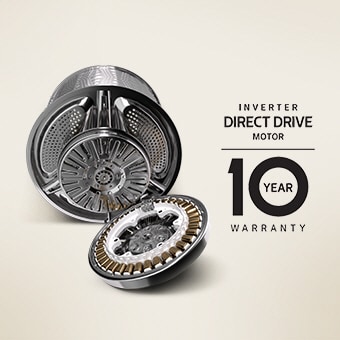 Es gibt ein Logo für den Motor einer Waschmaschine und einen Inverter DirectDrive®-Motor mit 10-jähriger Garantie.