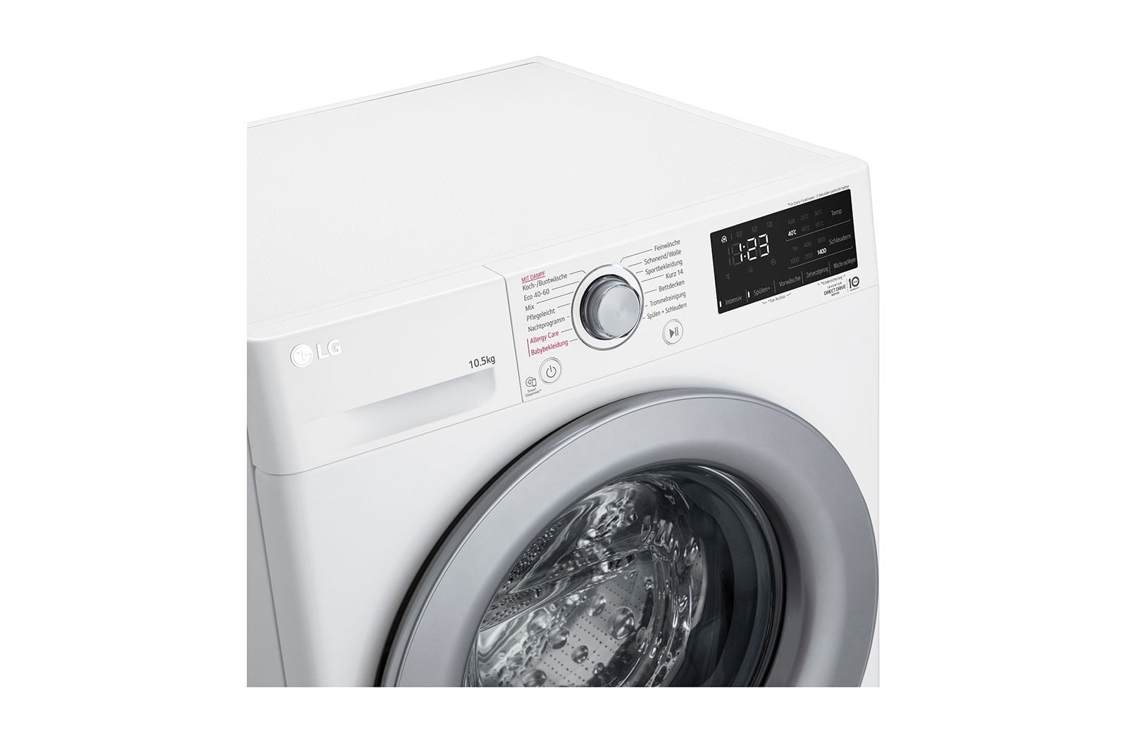 LG Waschmaschine mit 10,5 kg Kapazität | Energieeffizienzklasse A | 1.400 U./Min. | Weiß mit silbernem Bullaugenring | F4WV32X4, F4WV32X4