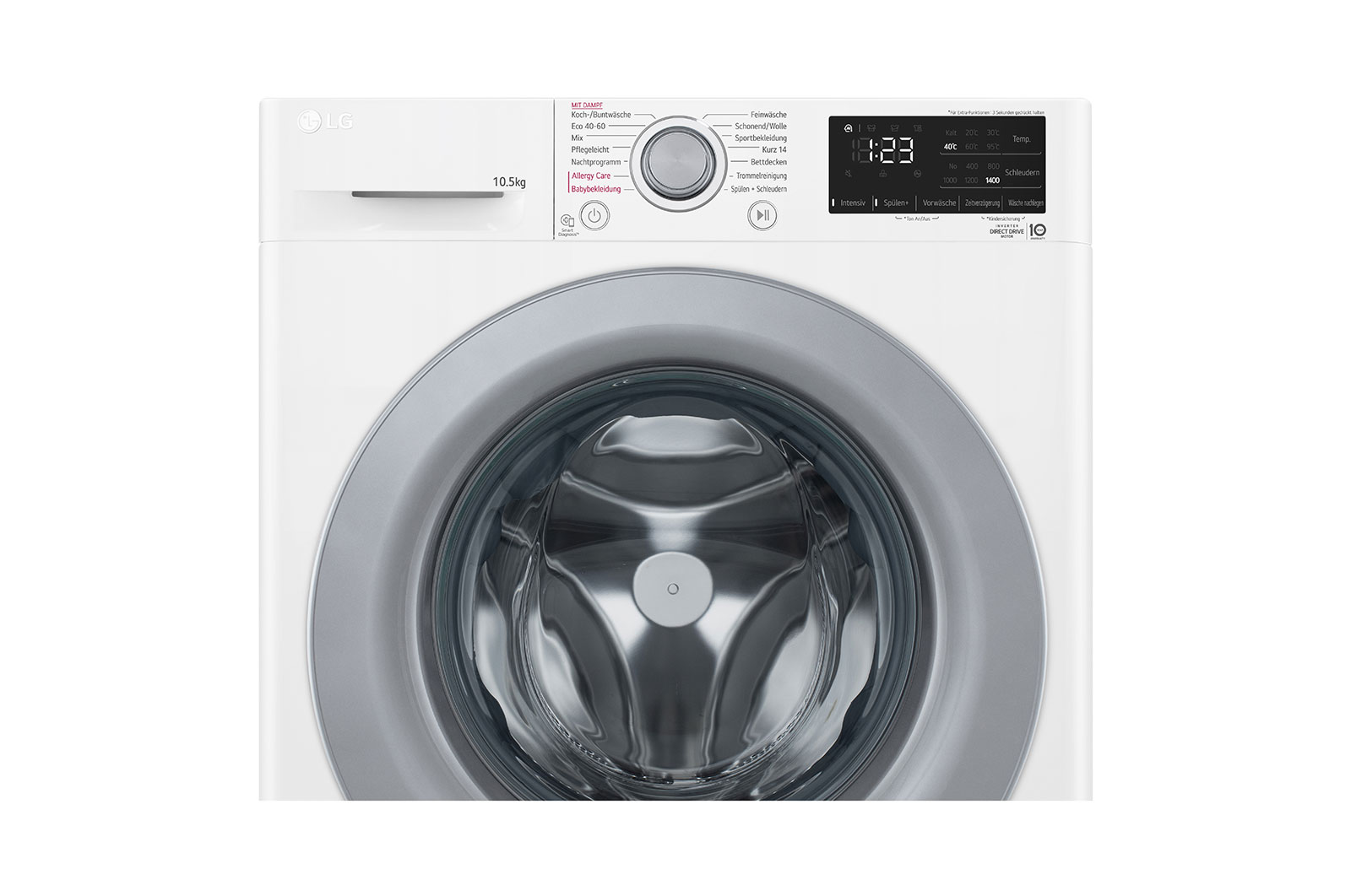 LG Waschmaschine mit 10,5 kg Kapazität | Energieeffizienzklasse A | 1.400 U./Min. | Weiß mit silbernem Bullaugenring | F4WV32X4, F4WV32X4