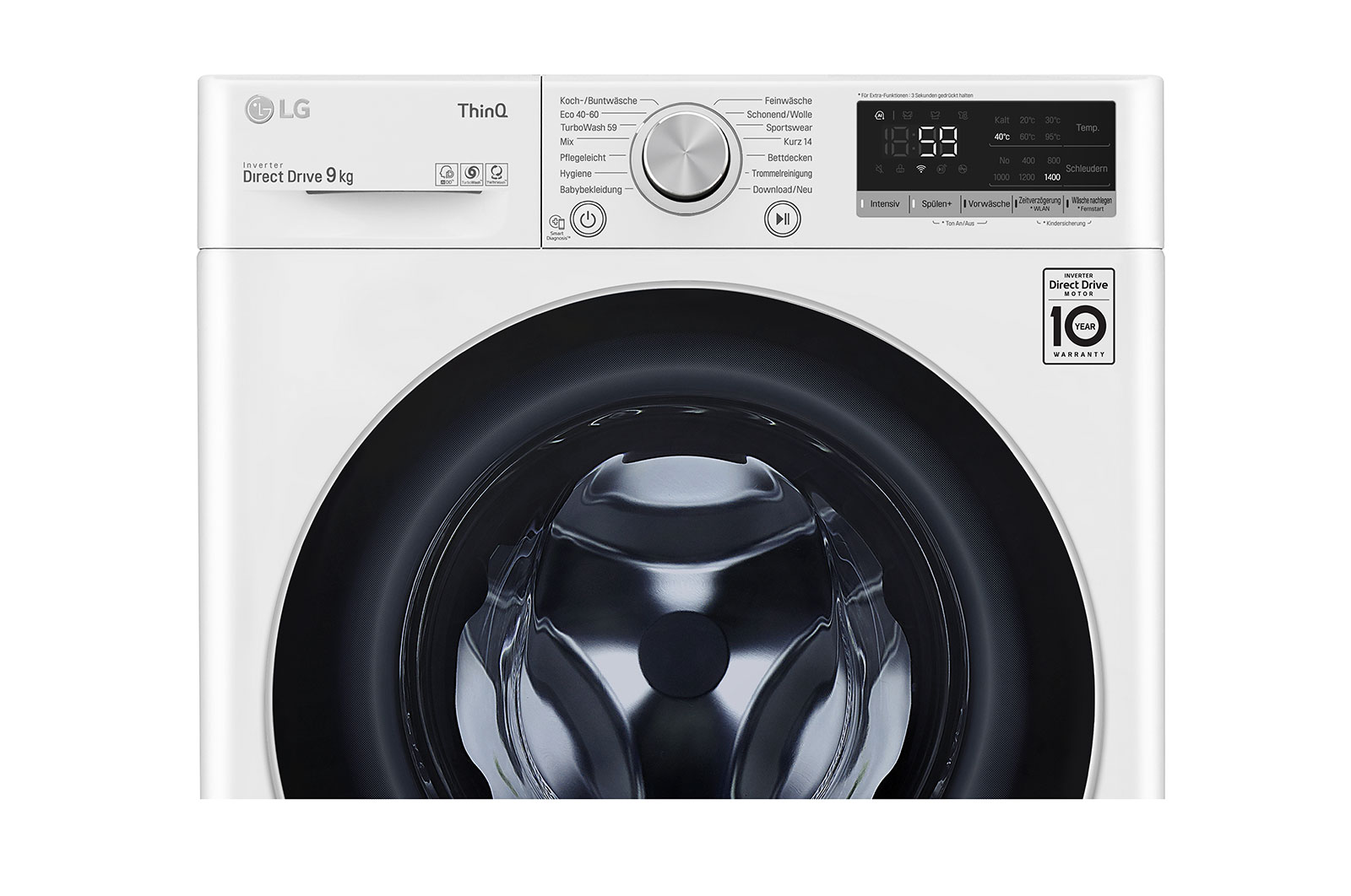 LG Waschmaschine mit 9 kg Kapazität | Energieeffizienzklasse B | 1.400 U./Min. | Weiß mit silbernen Bullaugenring | F4WV409S1B, F4WV409S1B