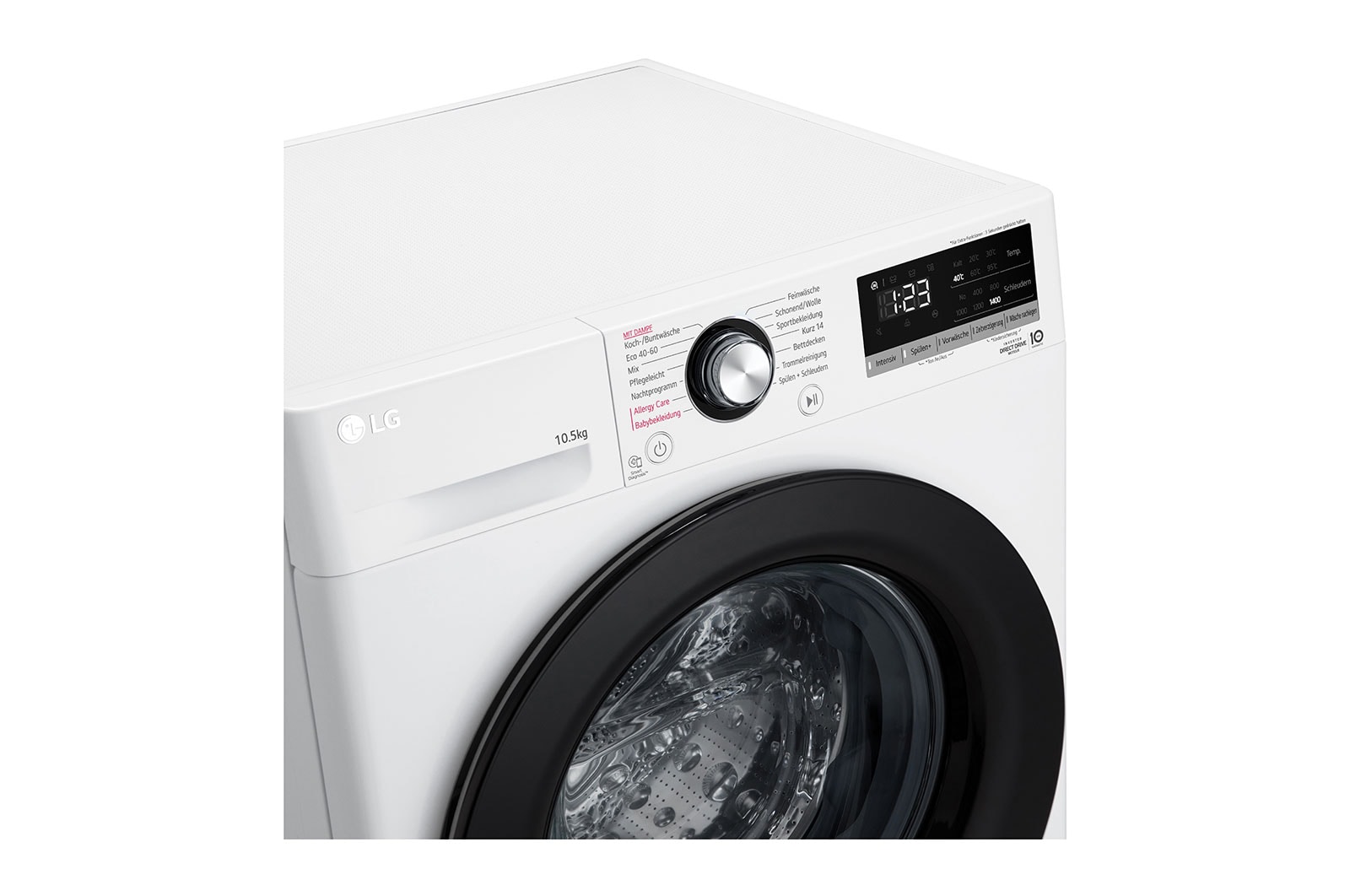 LG Waschmaschine mit 10,5 kg Kapazität | Energieeffizienzklasse A | 1.400 U./Min. | Weiß mit schwarzem Bullaugenring | F4WV40X5, F4WV40X5