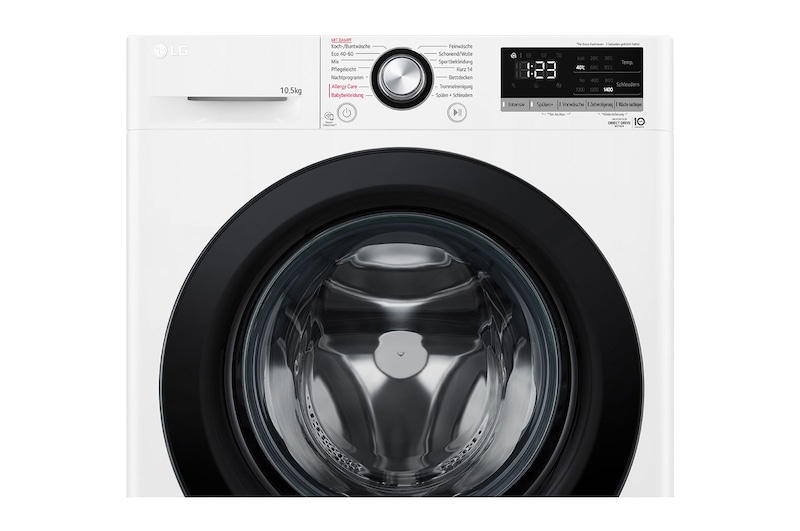 LG Waschmaschine mit 10,5 kg Kapazität | Energieeffizienzklasse A | 1.400 U./Min. | Weiß mit schwarzem Bullaugenring | F4WV40X5, F4WV40X5
