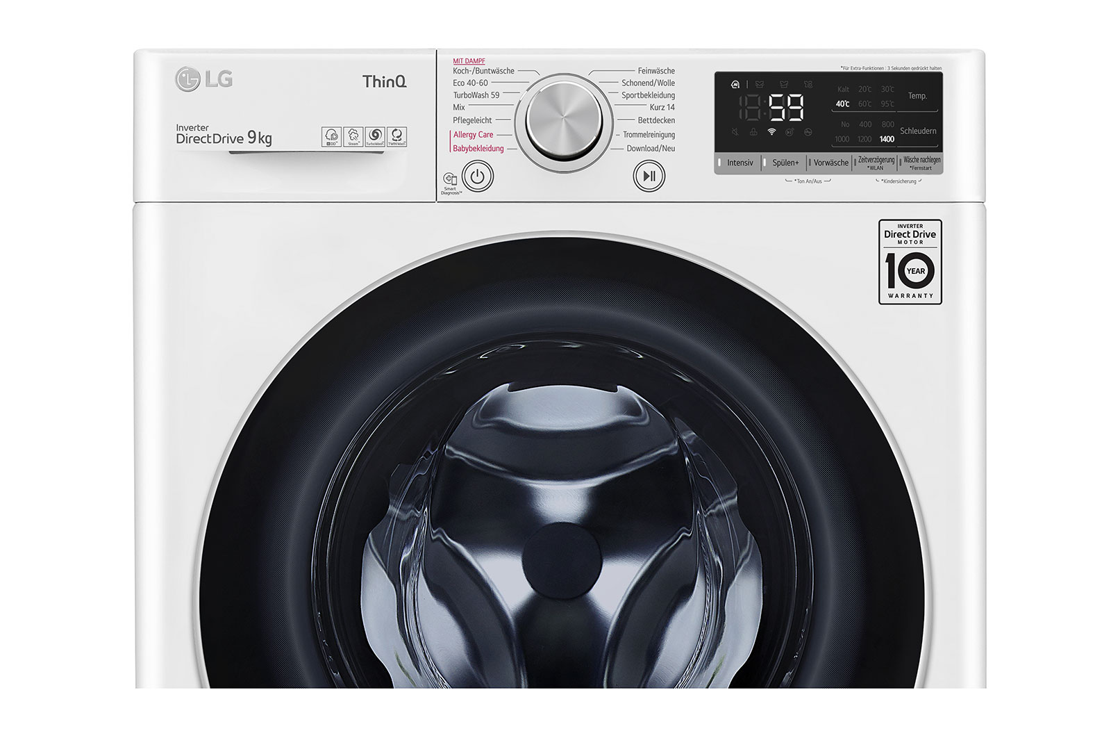 LG Waschmaschine mit 9 kg Kapazität | Energieeffizienzklasse A | 1.400 U./Min. | Weiß mit silbernem Bullaugenring | F4WV609S1A, F4WV609S1A