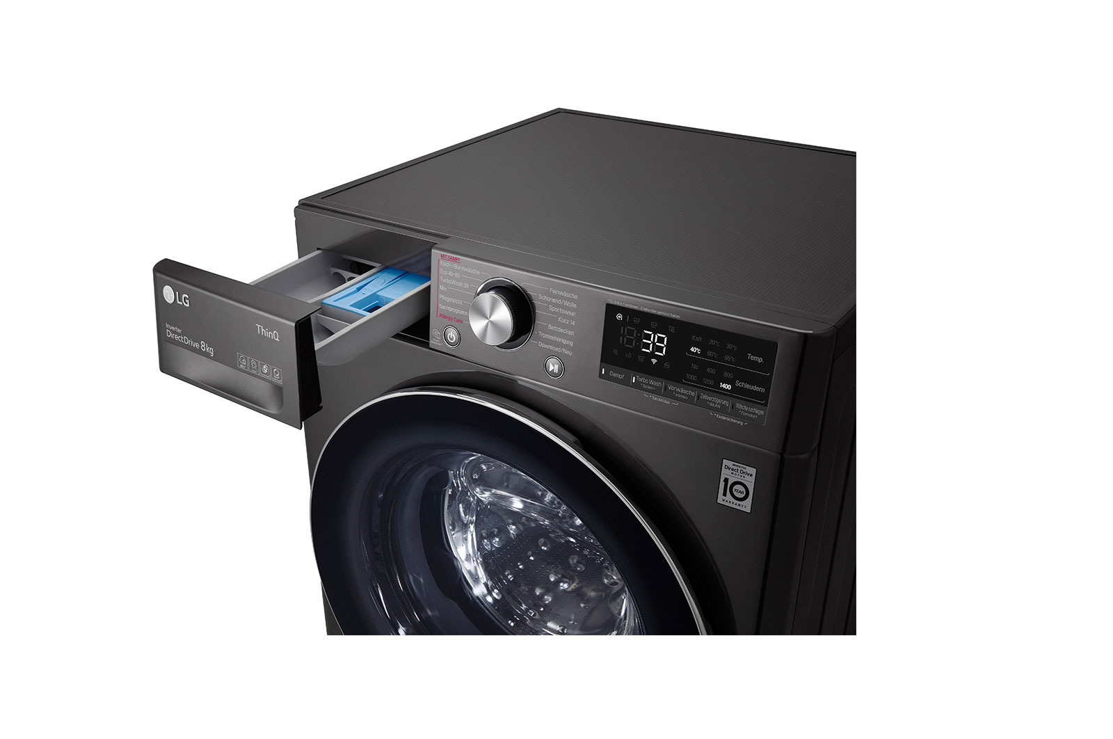 LG Waschmaschine Metallic Black Steel (8 kg, 1.400 U./Min., EEK A) mit Chrom-Bullaugenring | F4WV708P2BA, F4WV708P2BA