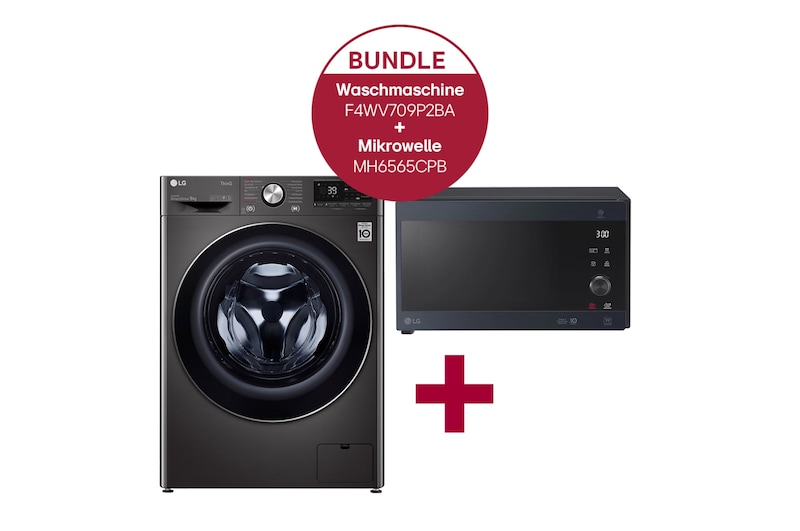 LG Waschmaschine mit 9 kg Kapazität | Energieeffizienzklasse A | Metallic Black Steel mit Chrom-Bullaugenring | F4WV709P2BA & Mikrowelle mit Smart Inverter Technologie I Quarz Grill I 25 Liter Kapazität | Leistung: 1000 Watt | MH6565CPB, F4WV709P2BA.MH65CPB