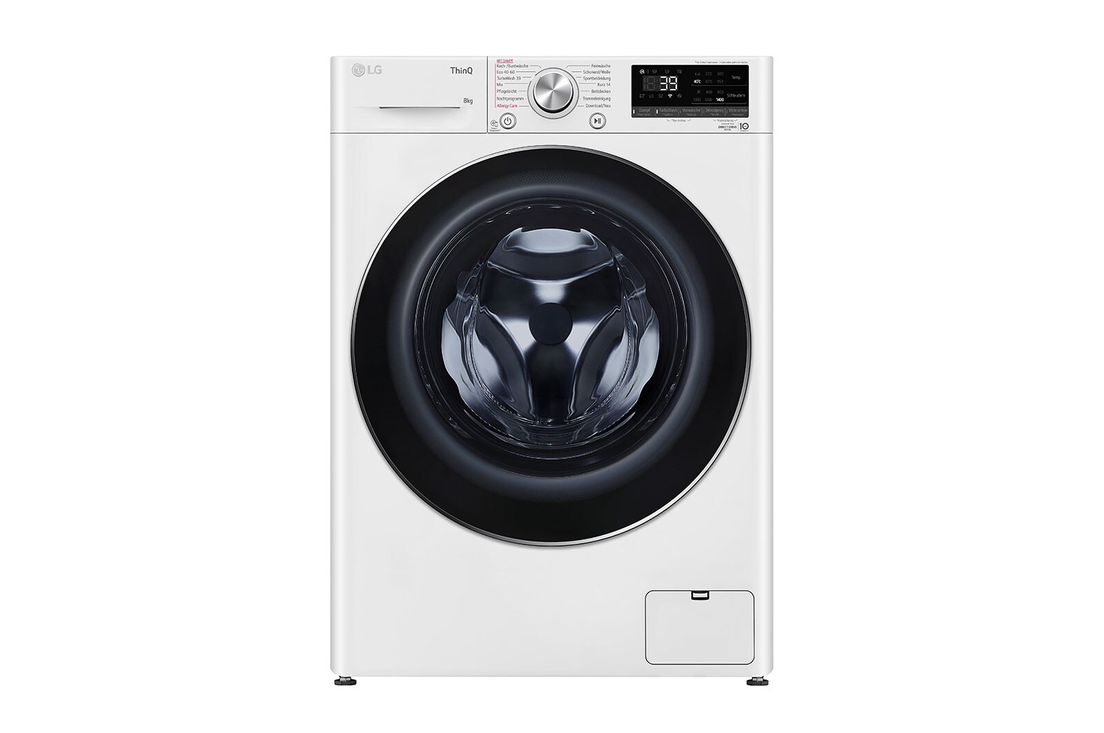 Vorderseite von Waschmaschine mit 8 kg Kapazität | Energieeffizienzklasse A | 1.400 U./Min. | Weiß mit Chrom-Bullaugenring | F4WV908P2C F4WV908P2C