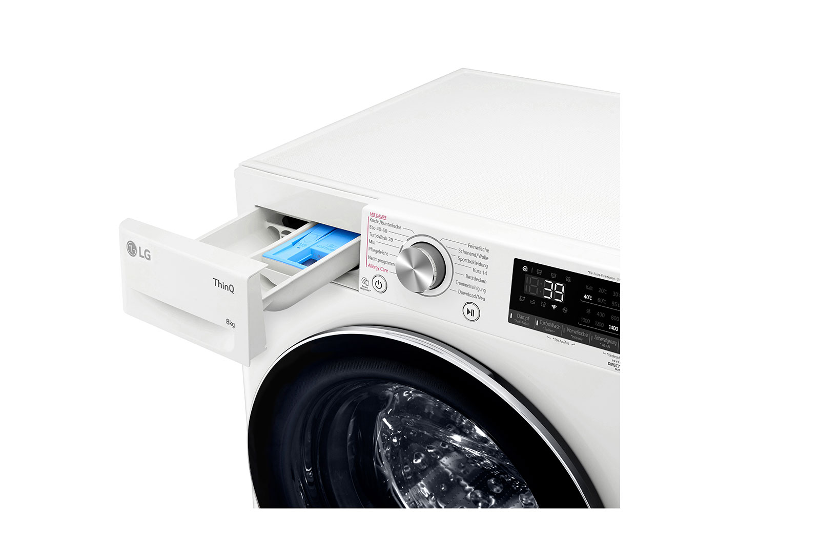 LG Waschmaschine mit 8 kg Kapazität | Energieeffizienzklasse A | 1.400 U./Min. | Weiß mit Chrom-Bullaugenring | F4WV908P2C, F4WV908P2C