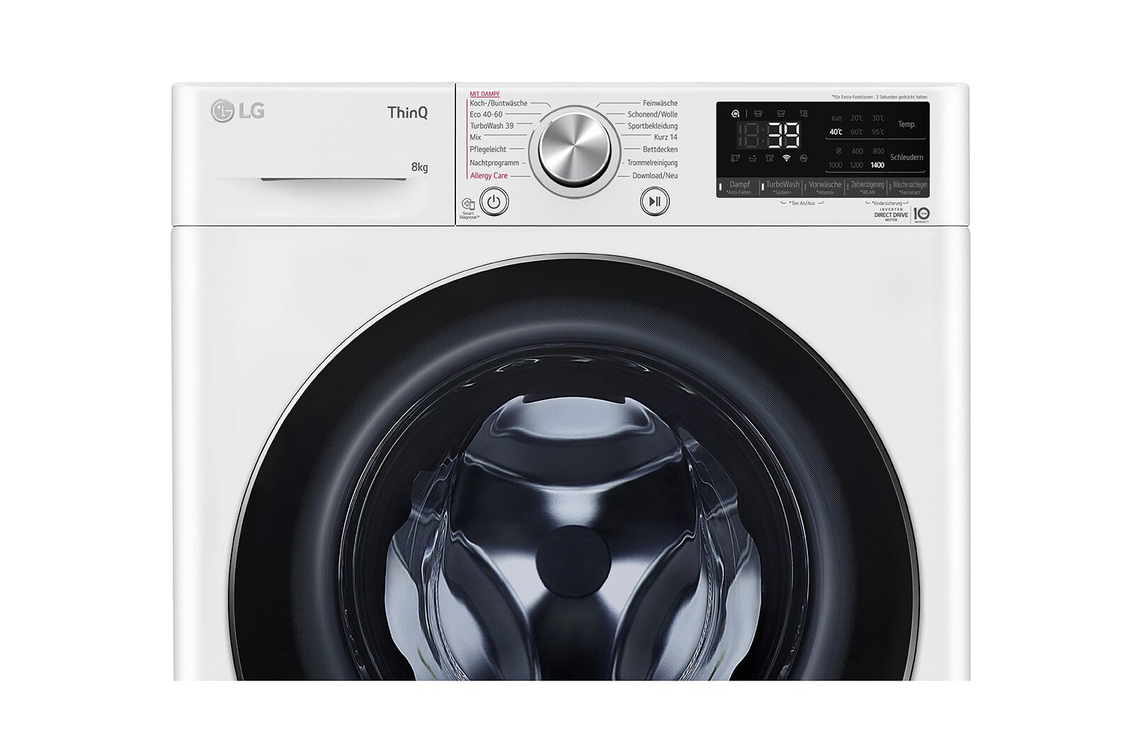 LG Waschmaschine mit 8 kg Kapazität | Energieeffizienzklasse A | 1.400 U./Min. | Weiß mit Chrom-Bullaugenring | F4WV908P2C, F4WV908P2C