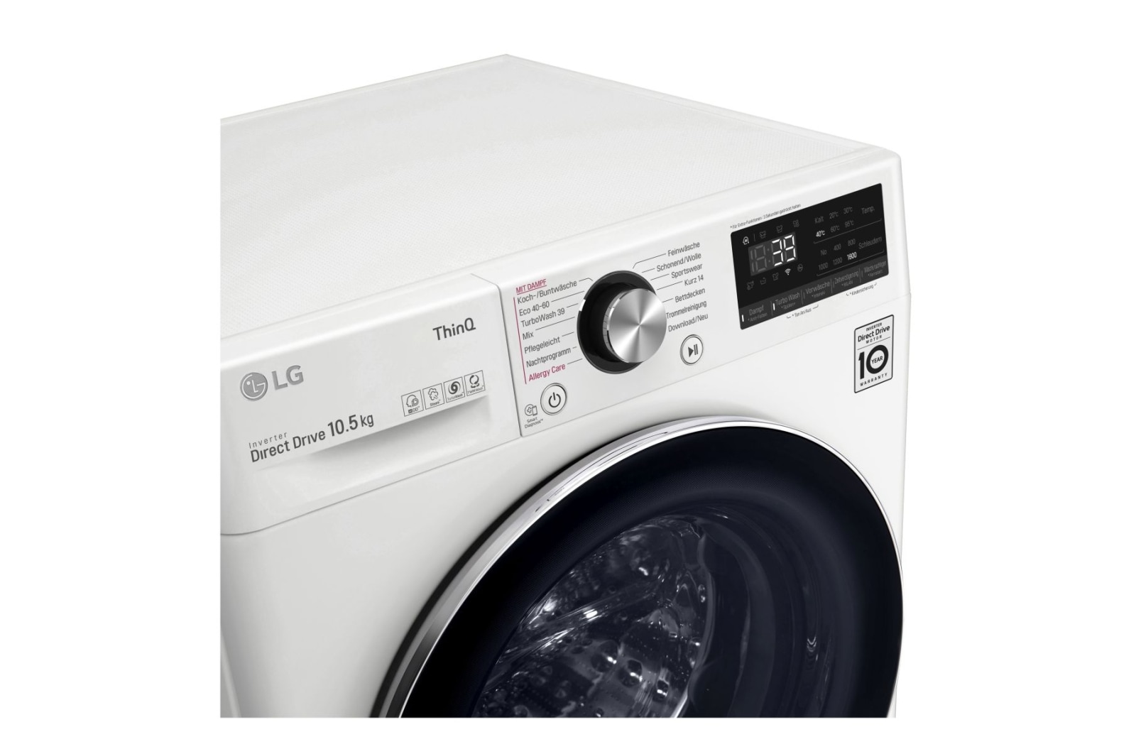 LG Waschmaschine | 10,5 kg | Energieeffizienzklasse* A | AI DD® | Steam | TurboWash® 360° | ThinQ® | Neue Wohlfühl-Trommel, F6WV910P2