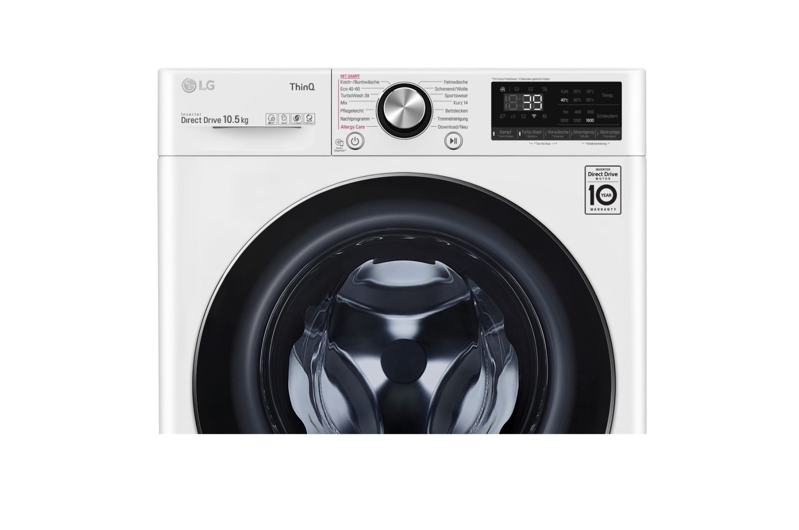 LG Waschmaschine | 10,5 kg | Energieeffizienzklasse* A | AI DD® | Steam | TurboWash® 360° | ThinQ® | Neue Wohlfühl-Trommel, F6WV910P2