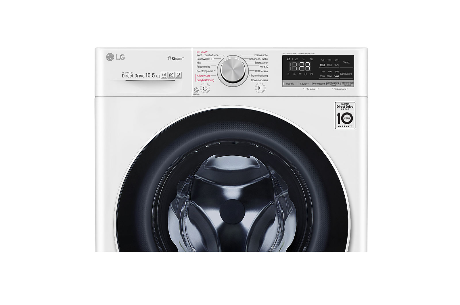 LG Waschmaschine mit AI DD® | 10,5 KG Kapazität | Energieeffizienzklasse B | 1.400 U./Min. | TurboWash® | Wäsche Nachlegen | Steam | Wi-Fi-Funktion | Aqua-Lock®, V510