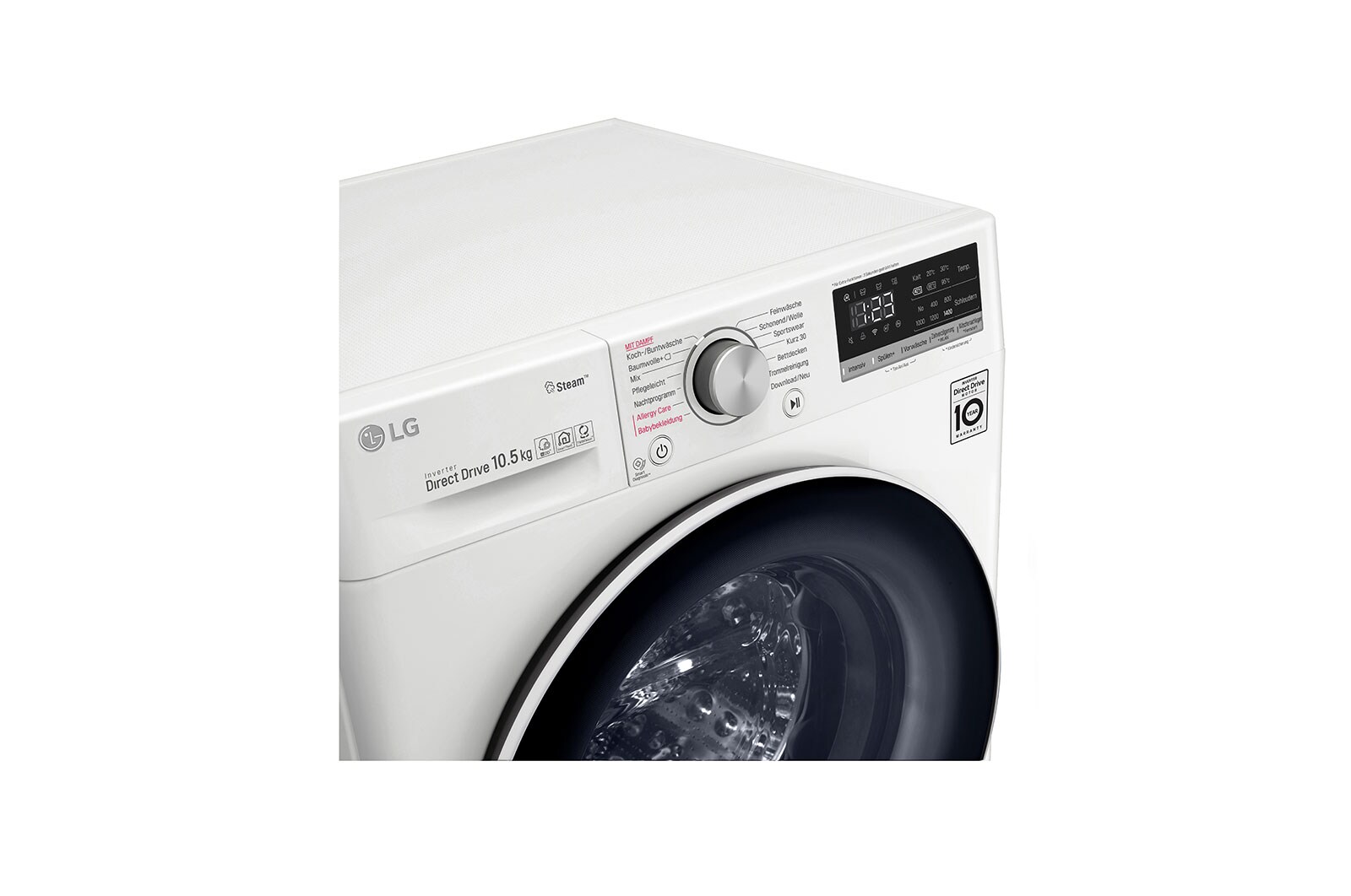 LG Waschmaschine mit AI DD® | 10,5 KG Kapazität | Energieeffizienzklasse B | 1.400 U./Min. | TurboWash® | Wäsche Nachlegen | Steam | Wi-Fi-Funktion | Aqua-Lock®, V510