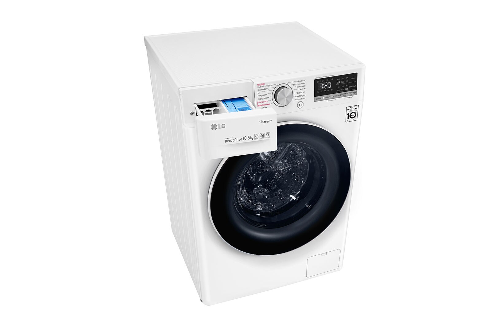 LG Waschmaschine mit AI DD® | 10,5 KG Kapazität | Energieeffizienzklasse B | 1.400 U./Min. | TurboWash® | Wäsche Nachlegen | Steam | Wi-Fi-Funktion | Aqua-Lock®, V510