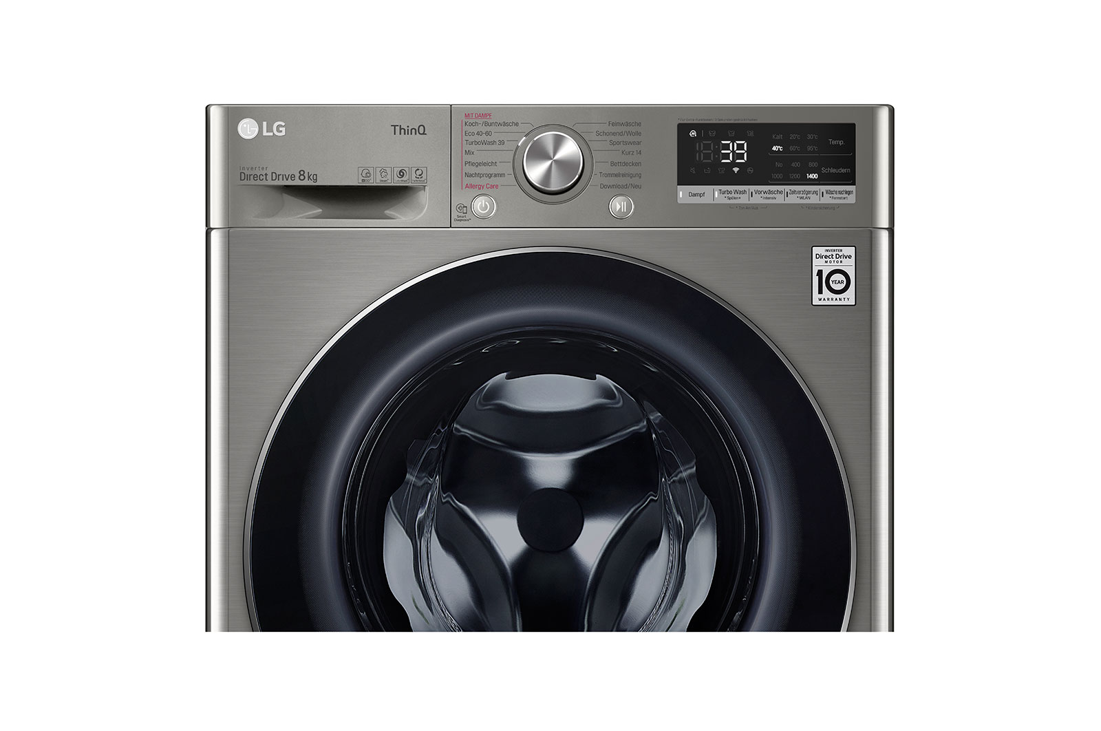 LG Waschmaschine mit 8 kg Kapazität | Energieeffizienzklasse A | 1.400 U./Min. | Platinum Silver mit Chrom-Bullaugenring | V708P2PA, V708P2PA