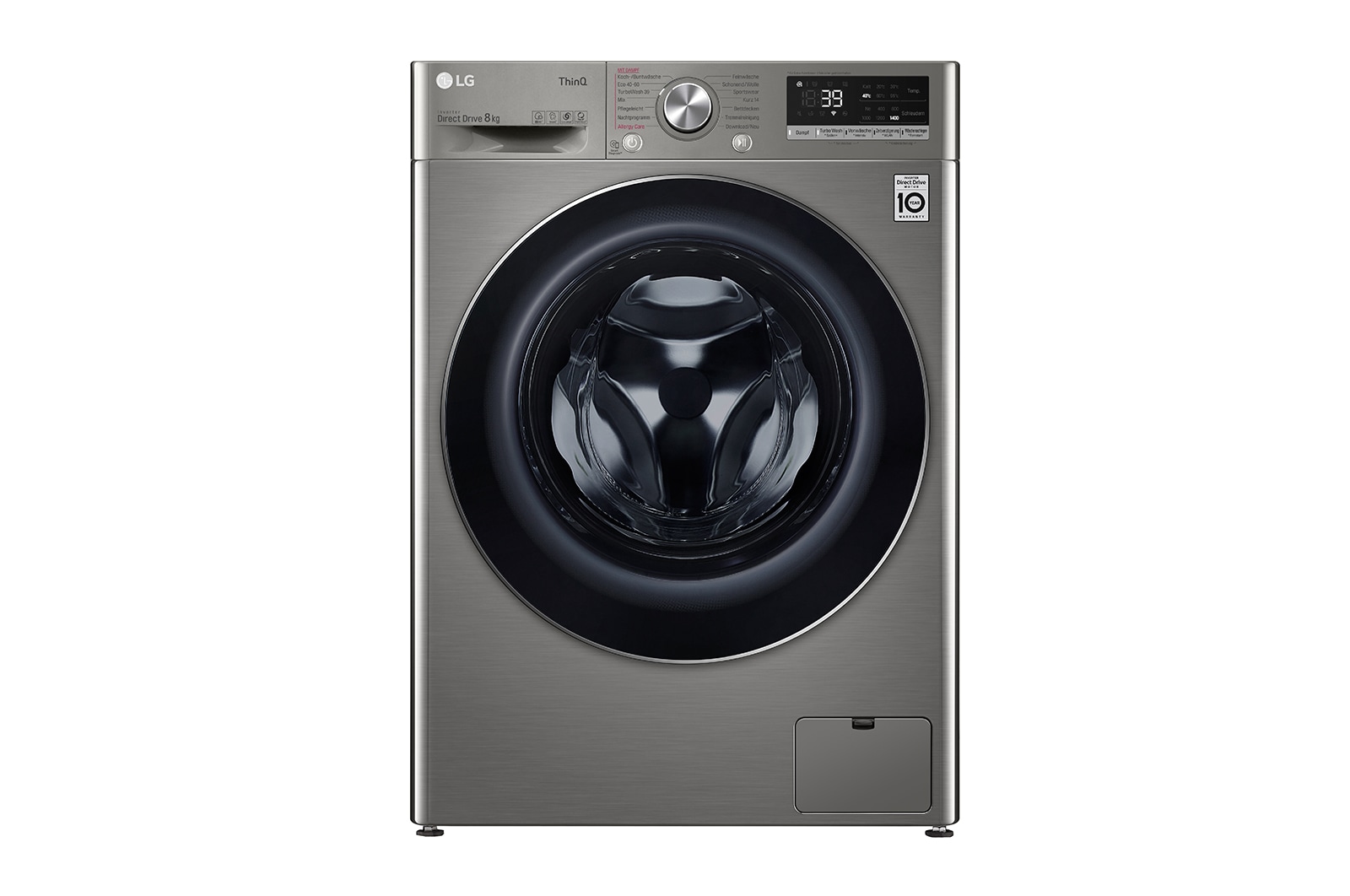 LG Waschmaschine mit 8 kg Kapazität | Energieeffizienzklasse A | 1.400 U./Min. | Platinum Silver mit Chrom-Bullaugenring | V708P2PA, V708P2PA