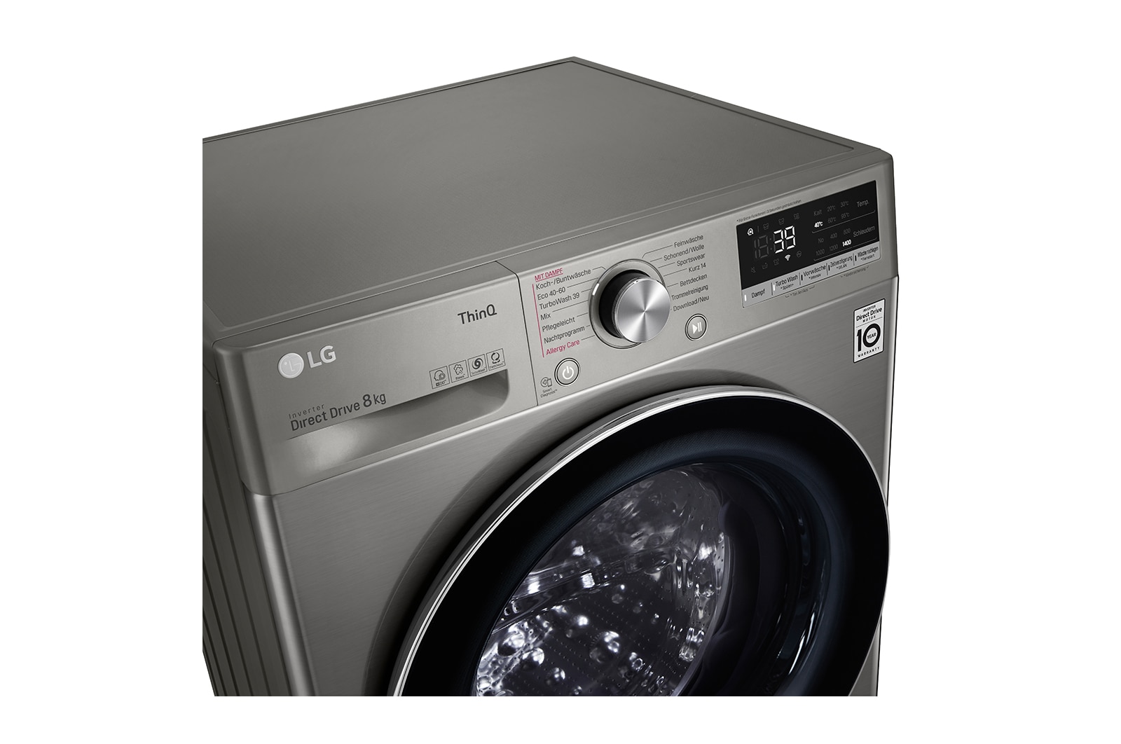 LG Waschmaschine mit 8 kg Kapazität | Energieeffizienzklasse A | 1.400 U./Min. | Platinum Silver mit Chrom-Bullaugenring | V708P2PA, V708P2PA