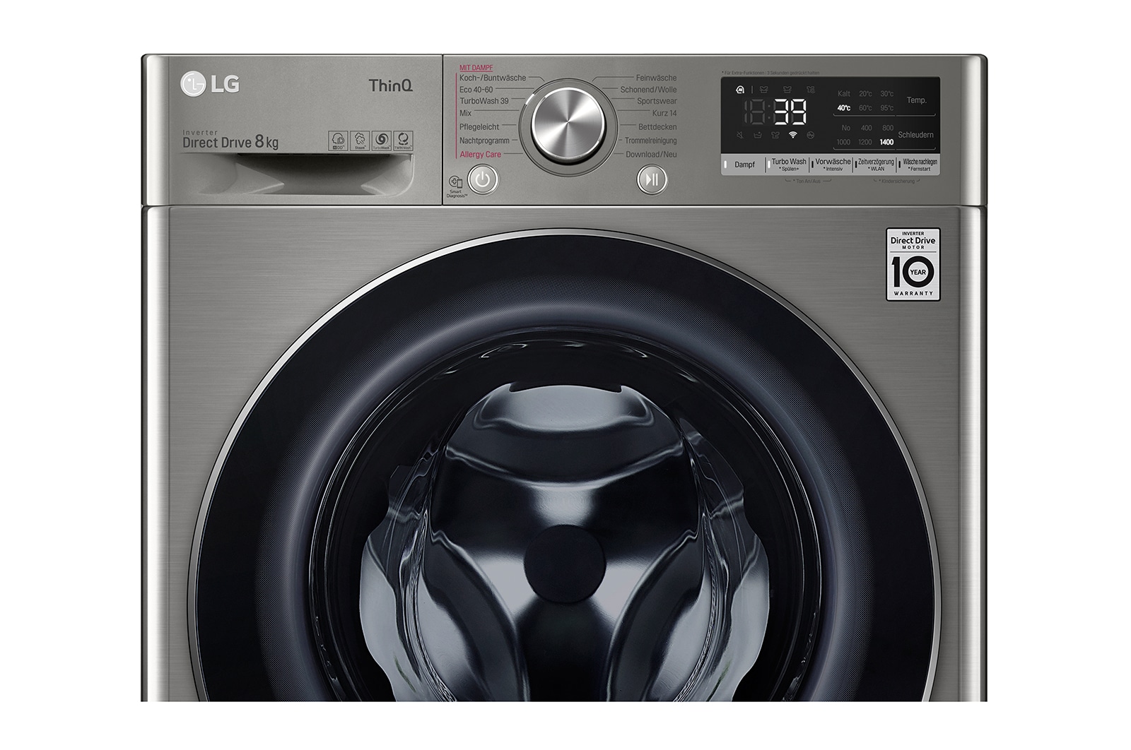 LG Waschmaschine mit 8 kg Kapazität | Energieeffizienzklasse A | 1.400 U./Min. | Platinum Silver mit Chrom-Bullaugenring | V708P2PA, V708P2PA