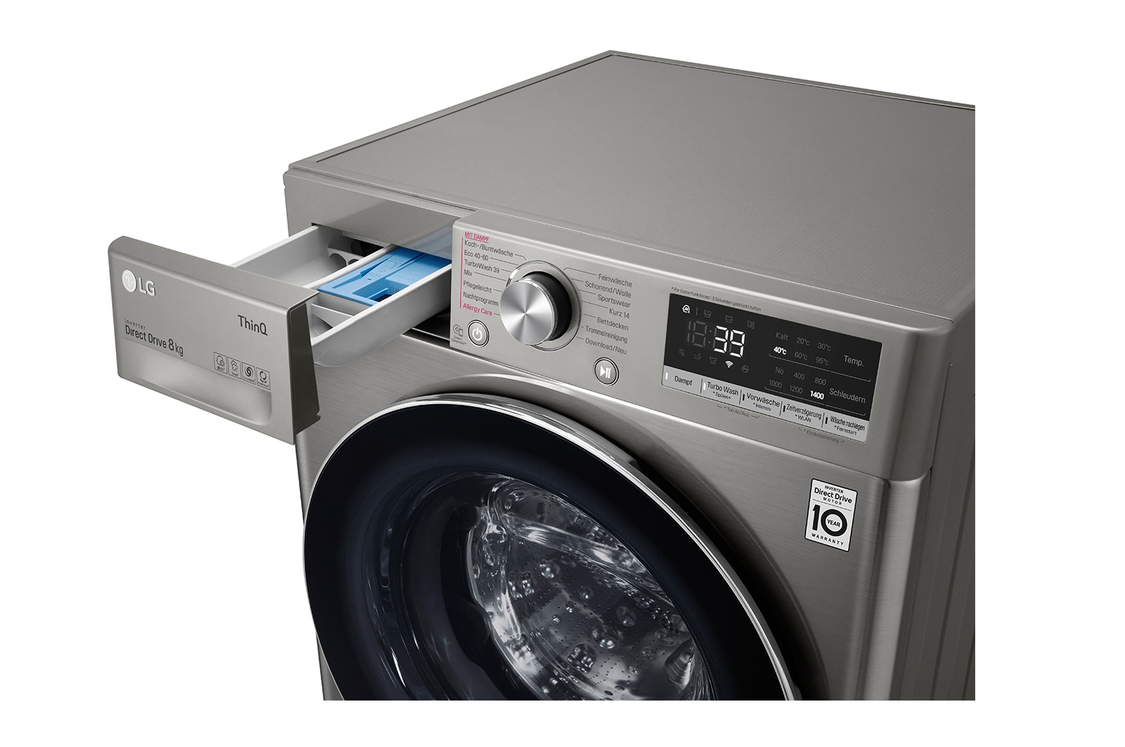 LG Waschmaschine mit 8 kg Kapazität | Energieeffizienzklasse A | 1.400 U./Min. | Platinum Silver mit Chrom-Bullaugenring | V708P2PA, V708P2PA