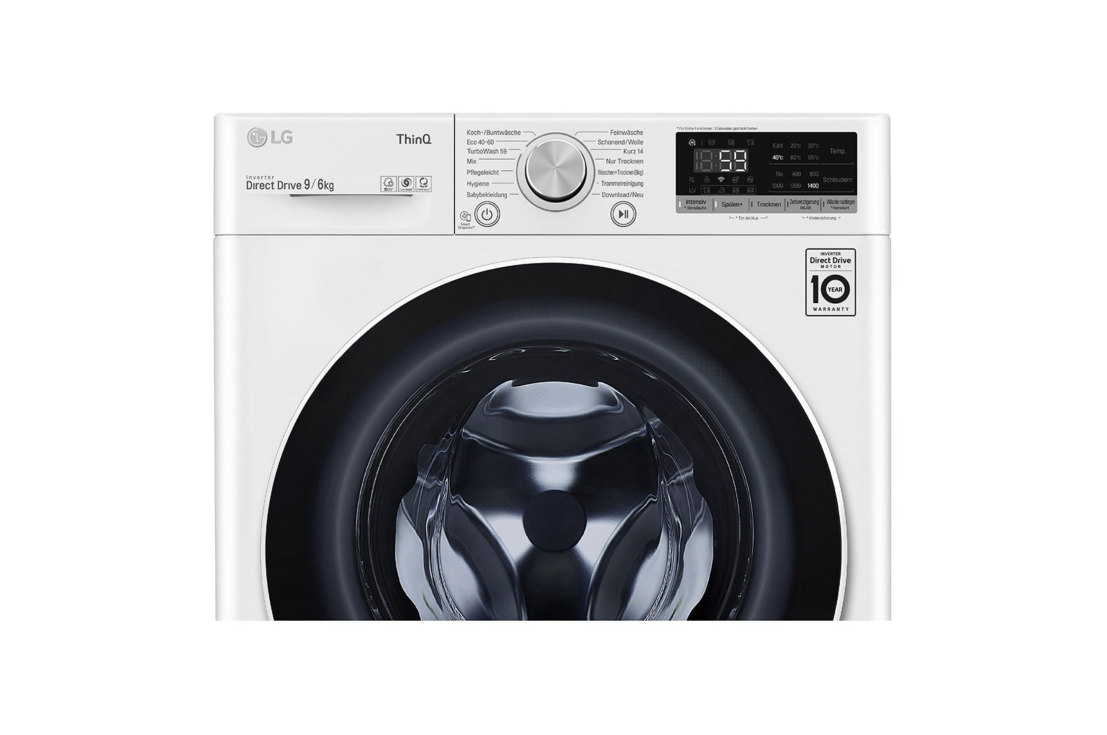 LG Waschtrockner mit 1.400 U./Min. | 9 kg Waschen | 6 kg Trocknen | Weiß mit weißem Bullaugenring | V5WD96TW0, V5WD96TW0