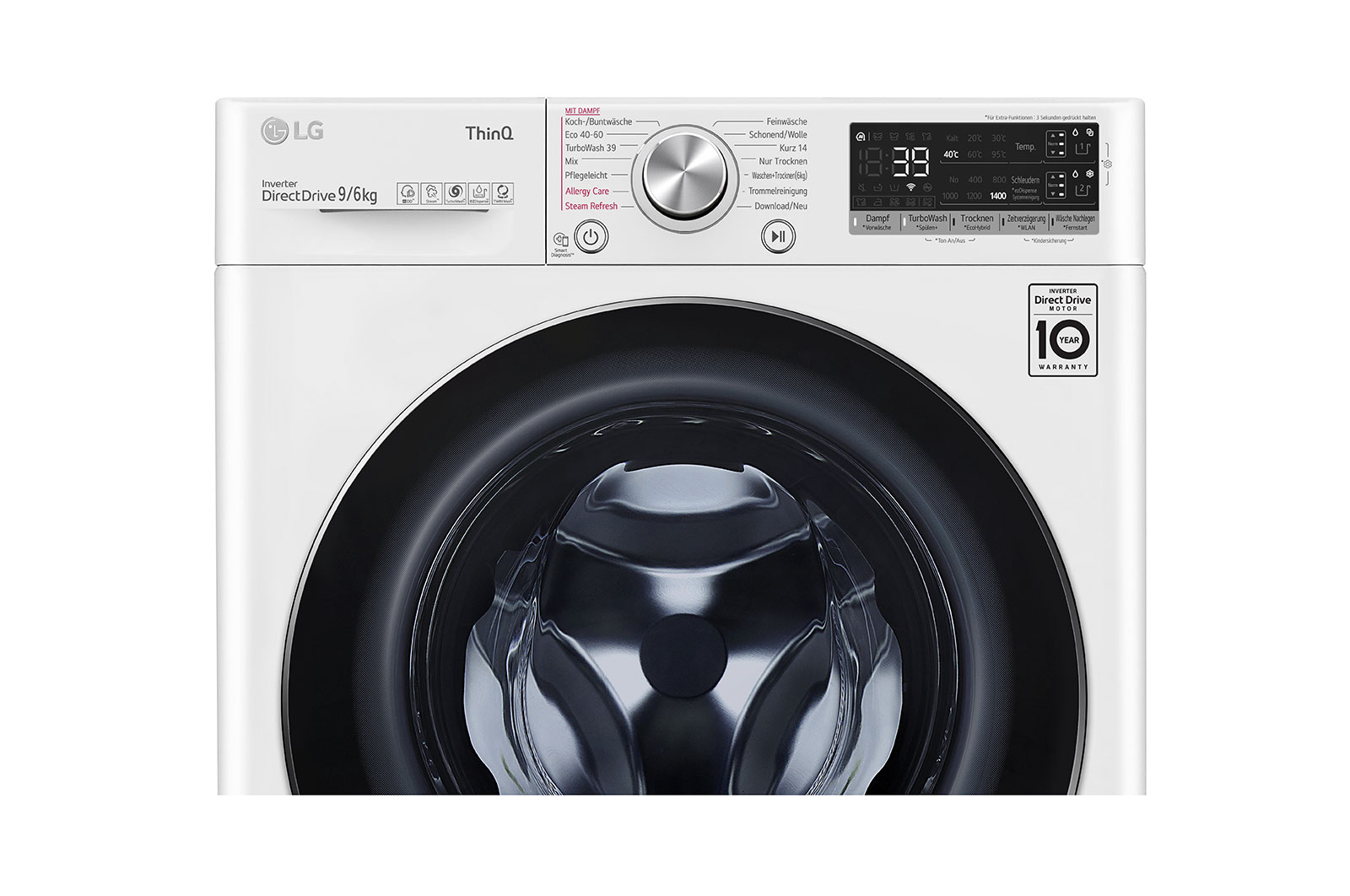 LG Waschtrockner mit 1400 U/Min. | 9 kg Waschen | 6 kg Trocknen | Weiß mit Chrome Bullaugenring | V7WD96AT2, V7WD96AT2