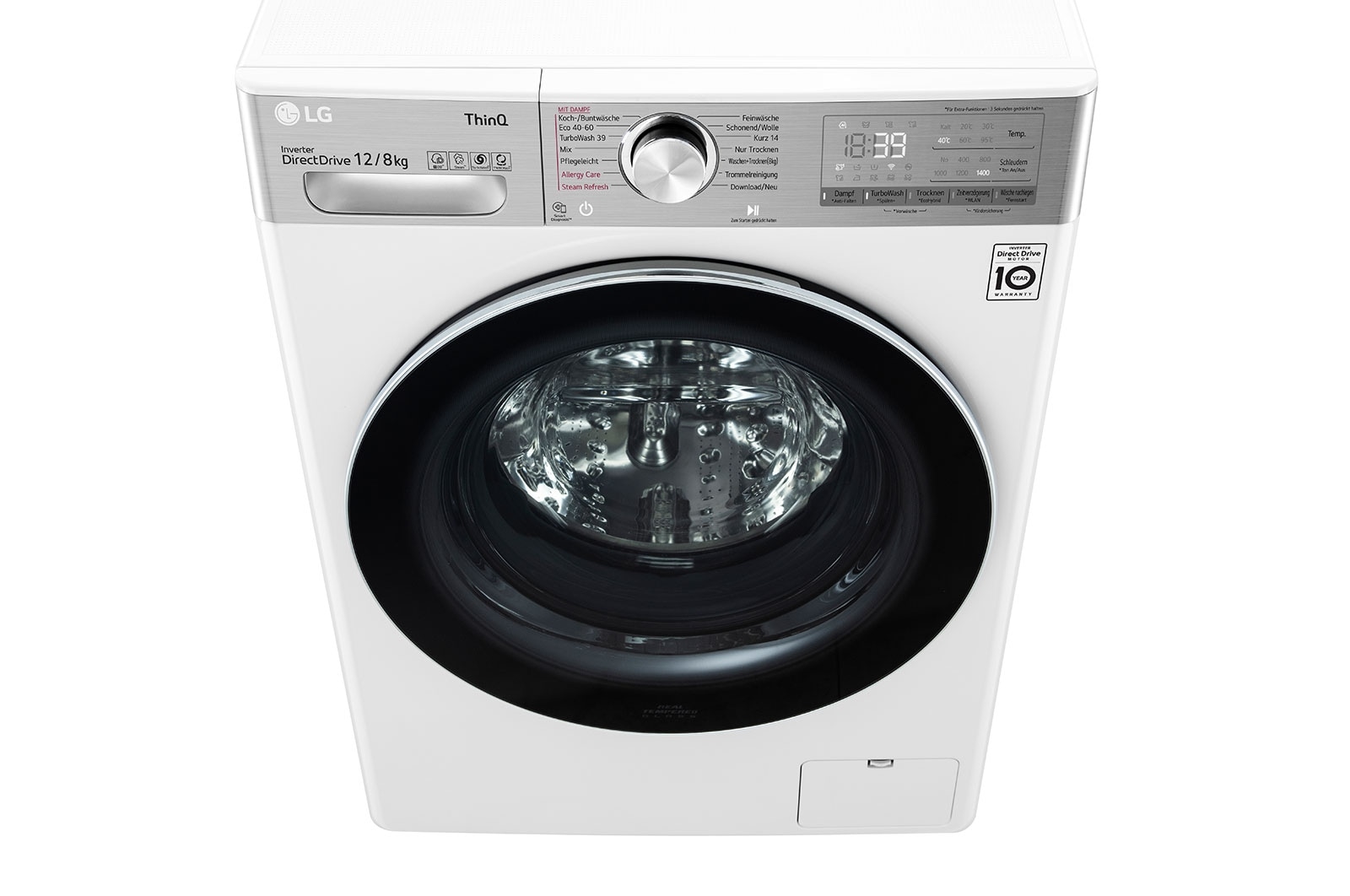 LG Waschtrockner mit 1400 U/Min. | 12 kg Waschen | 8 kg Trocknen | Weiß mit Chrome Bullaugenring | V9WD128H2, V9WD128H2