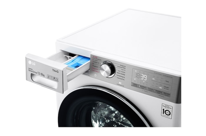 LG Waschtrockner Weiß (EEK E/A, 12 kg / 8 kg, 1.360 U./Min.) mit Steam & TurboWash® 360° | V9WD128H2, V9WD128H2
