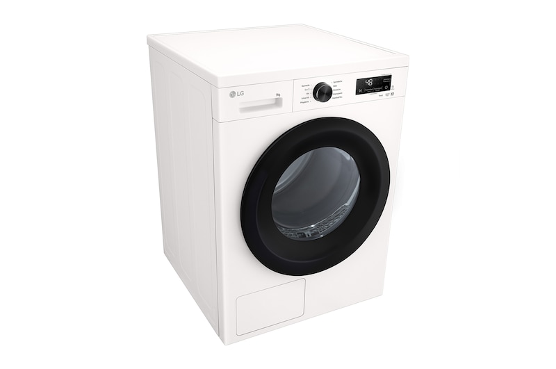 Eine Nahaufnahme des AI DUAL Inverter-Kompressors des LG Trockners RT90X8C, die seine fortschrittliche Wärmepumpentechnologie hervorhebt, mit Energieeffizienzklasse B.