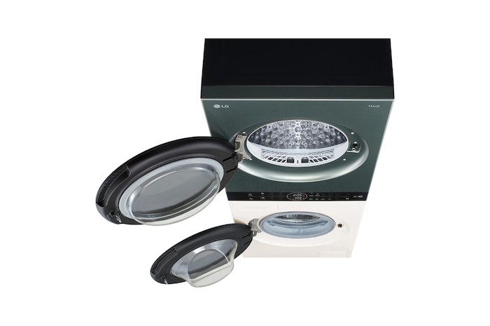 Der LG WashTower WT1210BBF in Schwarz, der das bequem zugängliche Center Control-Bedienfeld hervorhebt, mit Energieeffizienzklasse A (Waschmaschine).